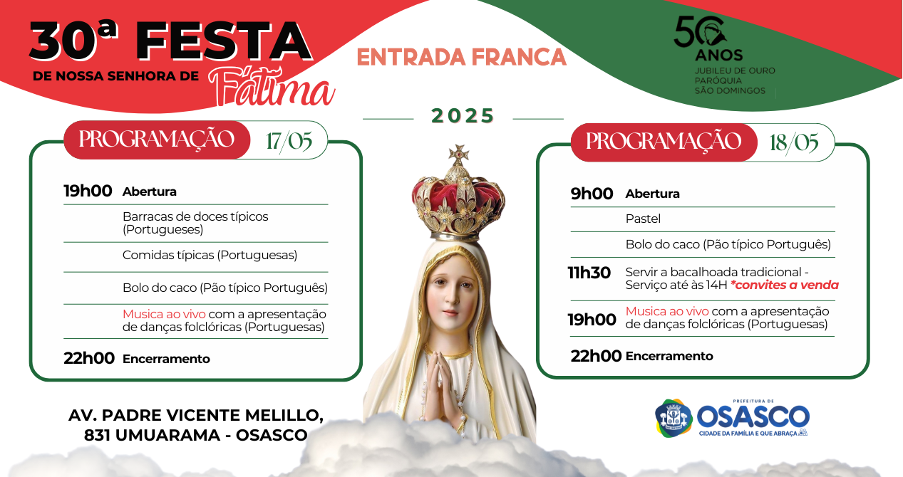 Prograação Festa de Fátima São Domingos o Pregador