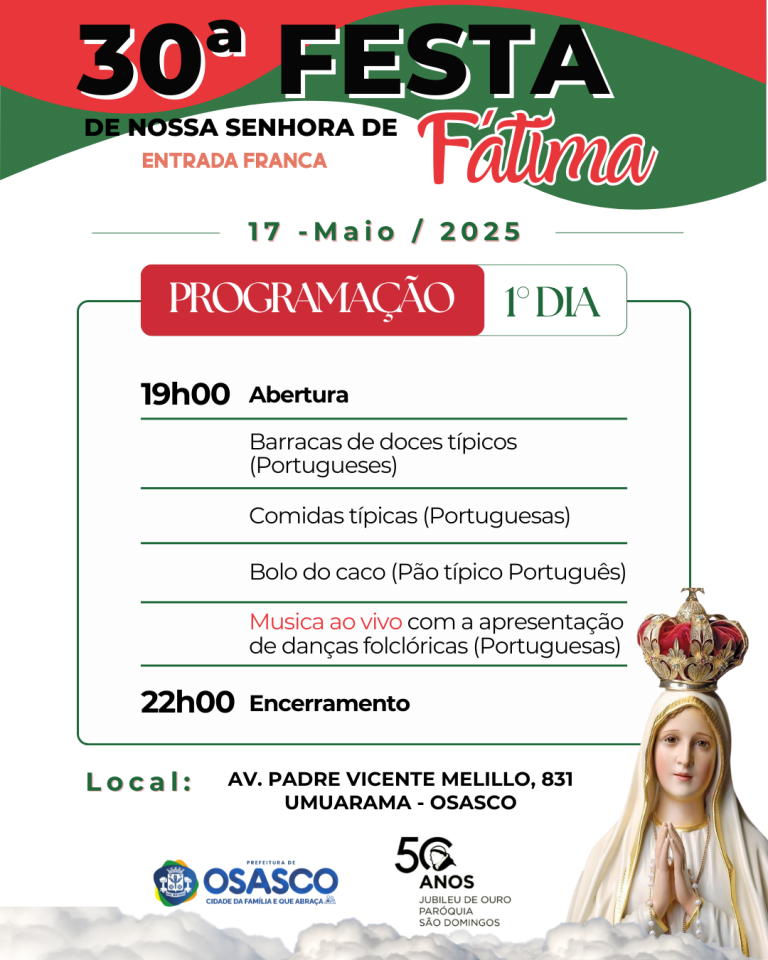Prograação Festa de Fátima São Domingos o Pregador