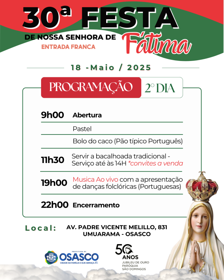 Prograação Festa de Fátima São Domingos o Pregador